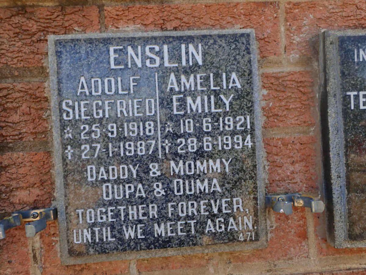 ENSLIN Adolf Siegfried 1918-1987 &amp; Amelia Emily 1921-1994