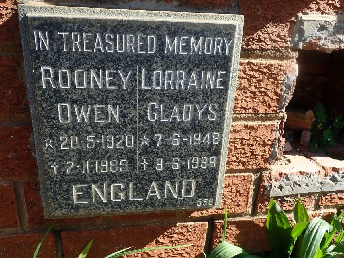 ENGLAND Rodney Owen 1920-1989 &amp; Lorraine Gladys 1948-1998