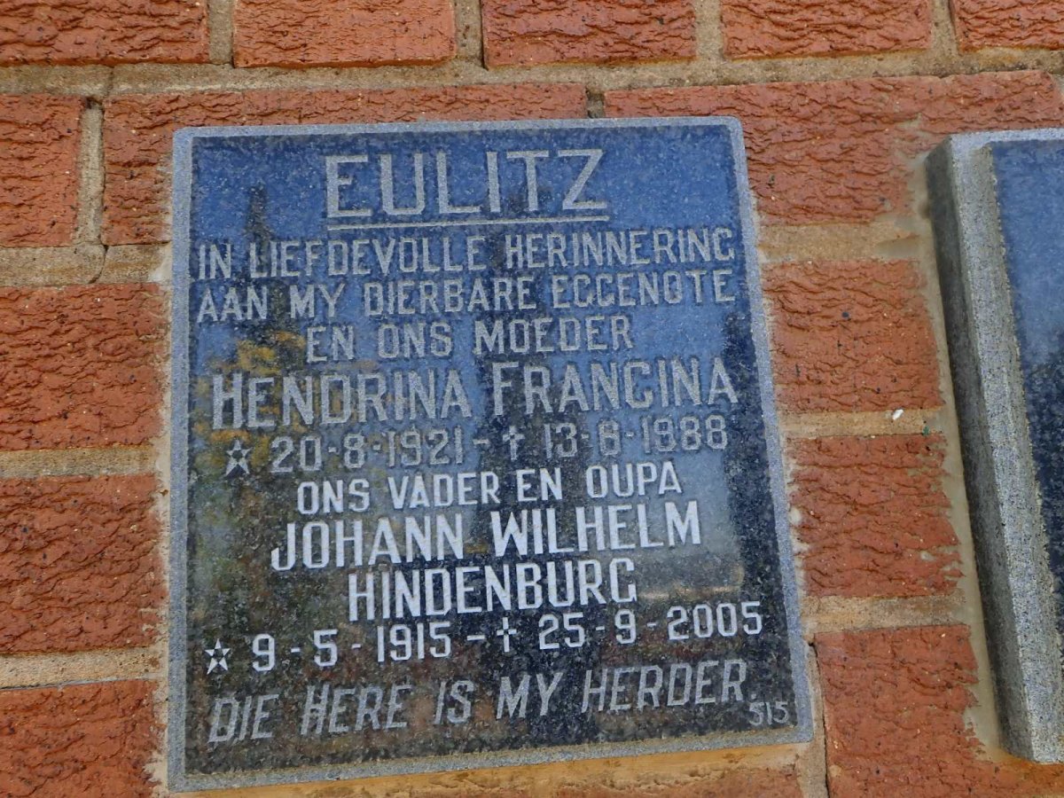 EULITZ Johann Wilhelm Hindenburg 1915-2005 &amp; Hendrina Francina 1921-1988