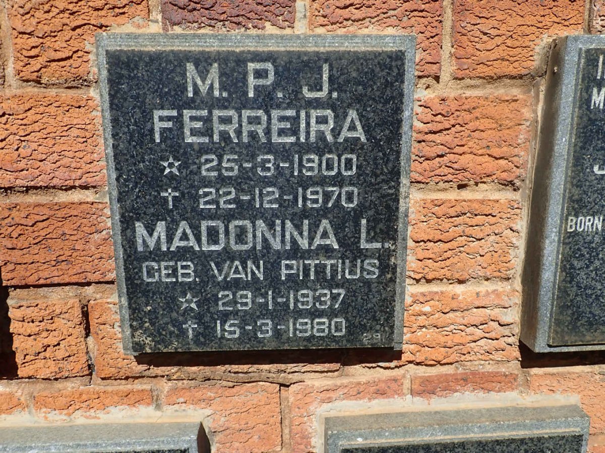 FERREIRA M.P.J. 1900-1970 &amp; Madonna L. VAN PITTIUS 1937-1980