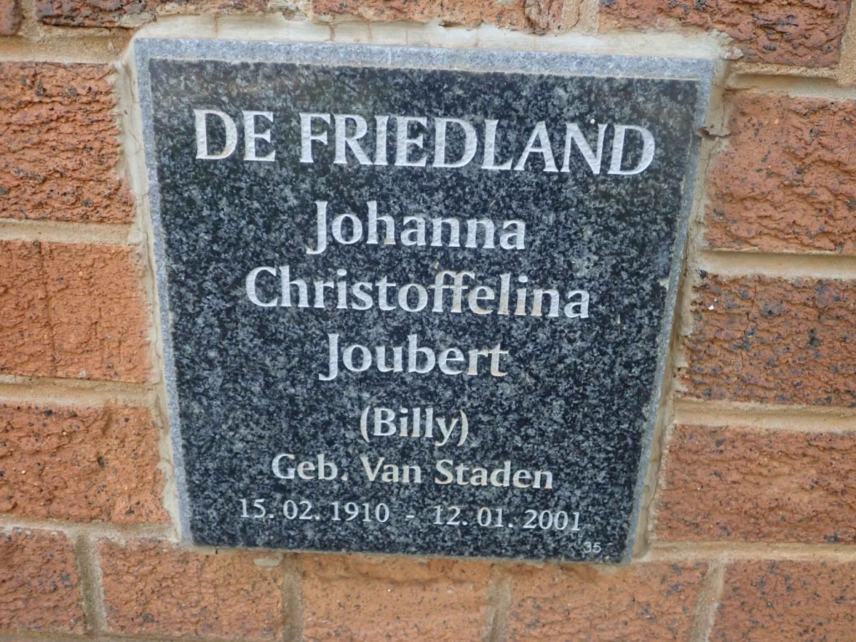 FRIEDLAND Johanna Christoffelina Joubert, de nee VAN STADEN 1910-2001