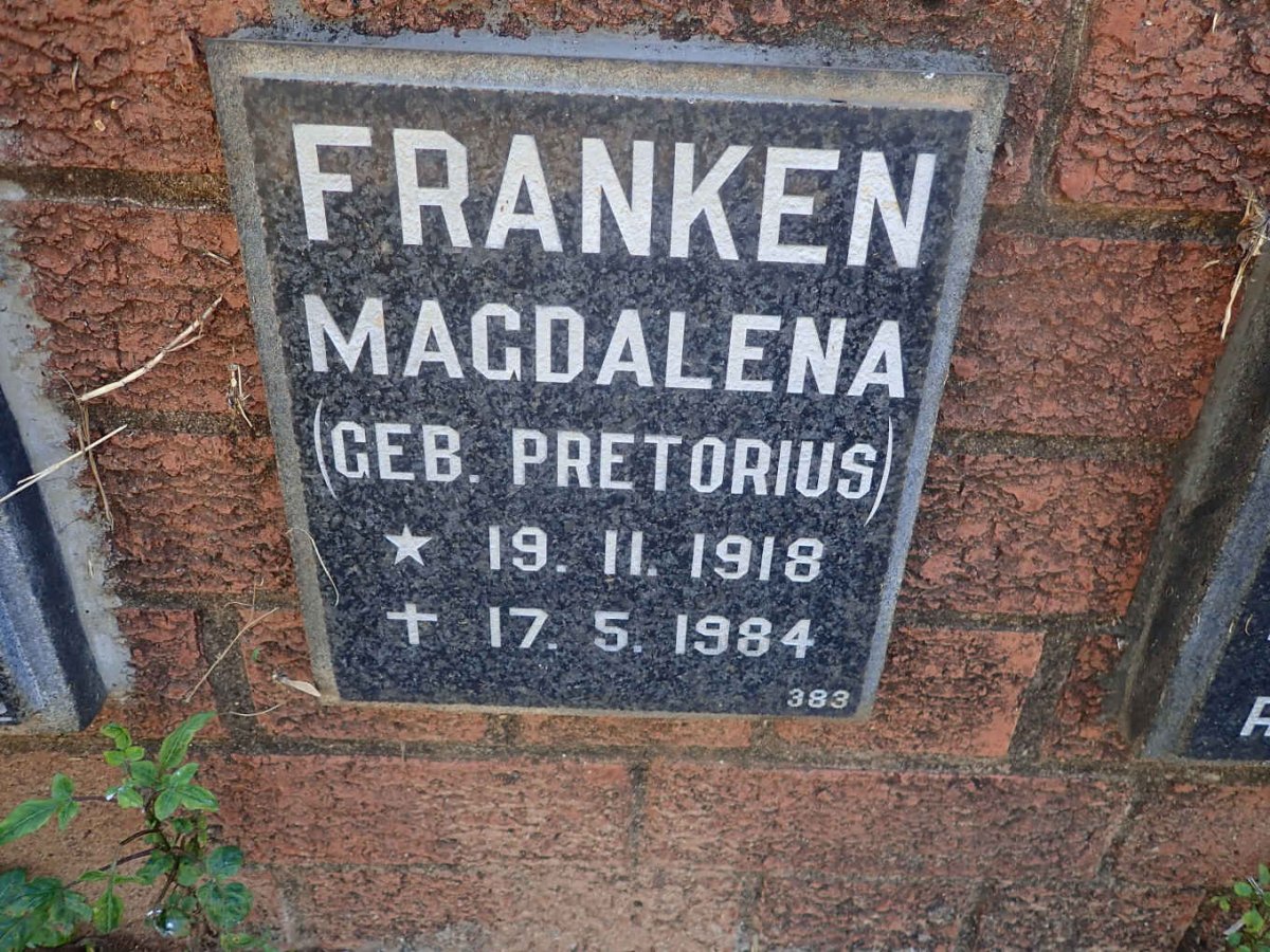 FRANKEN Magdalena nee PRETORIUS 1918-1984