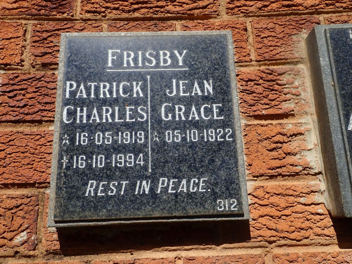 FRISBY Patrick Charles 1919-1994 &amp; Jean Grace 1922-