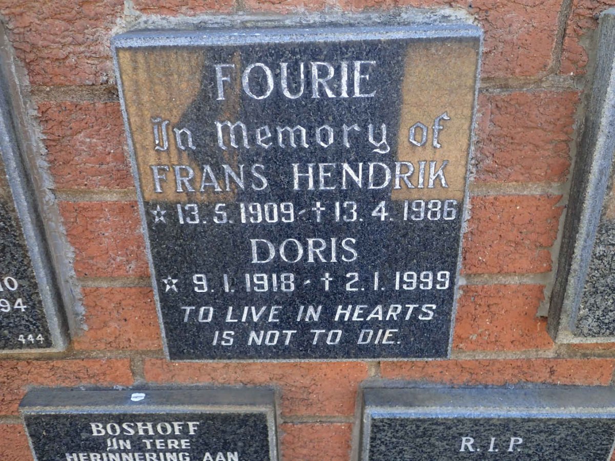 FOURIE Frans Hendrik 1909-1986 &amp; Doris 1918-1999