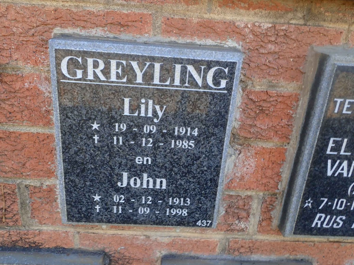 GREYLING John 1913-1998 &amp; Lily 1914-1985