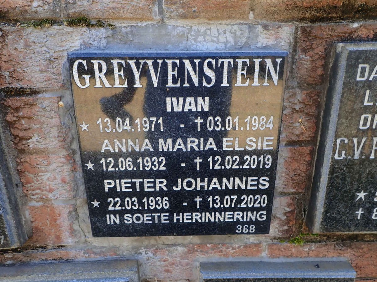 GREYVENSTEIN Pieter Johannes 1936-2020 &amp; Anna Maria Elsie 1932-2019 :: GREYVENSTEIN Ivan 1971-1984