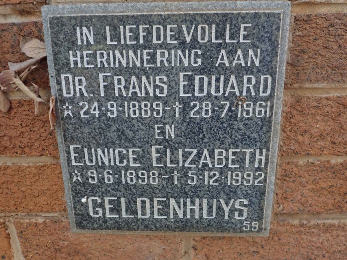 GELDENHUYS Frans Eduard 1889-1961 &amp; Eunice Elizabeth 1898-1992