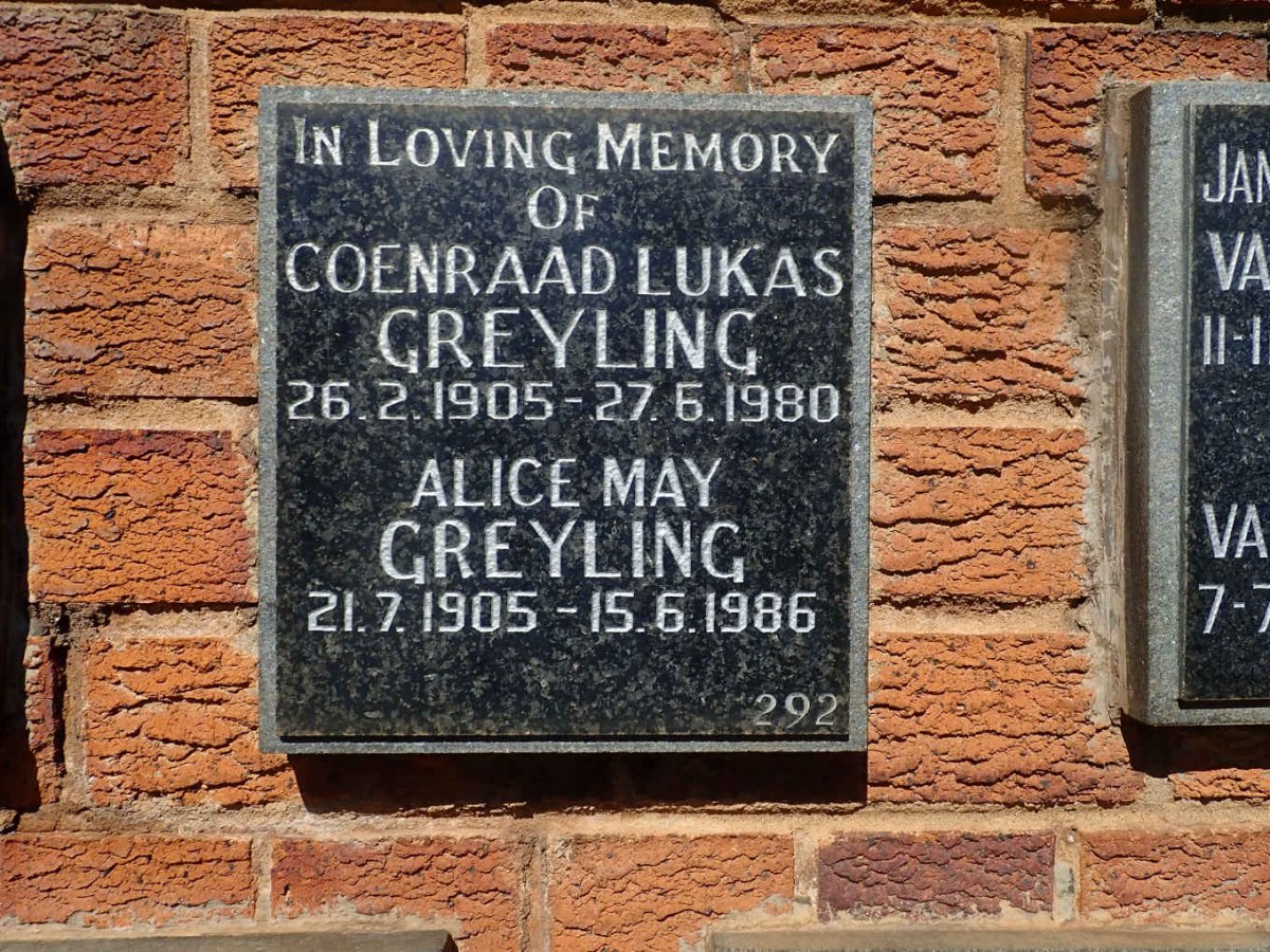 GREYLING Coenraad Lukas 1905-1980 &amp; Alice May 1905-1986
