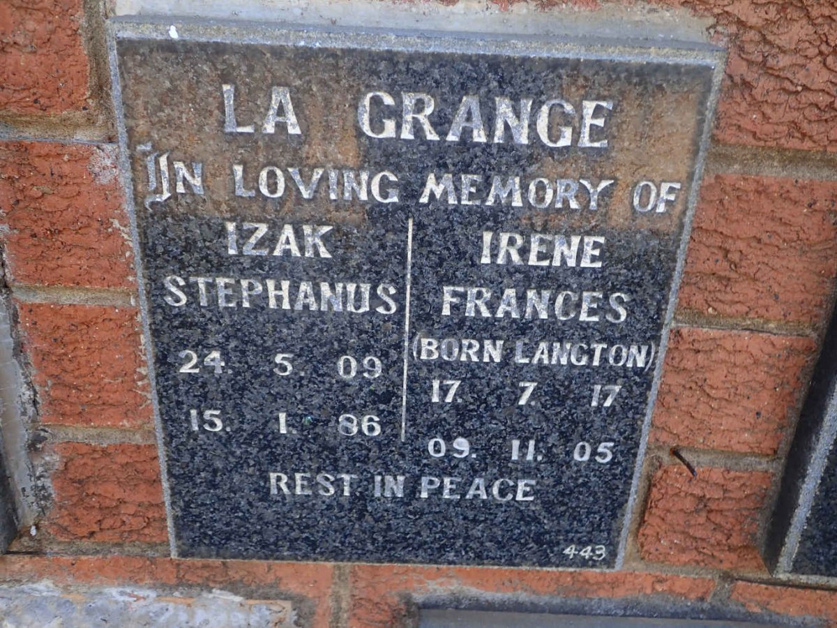 GRANGE Izak Stephanus, la 1909-1986 &amp; Irene Frances LANGTON 1917-2005