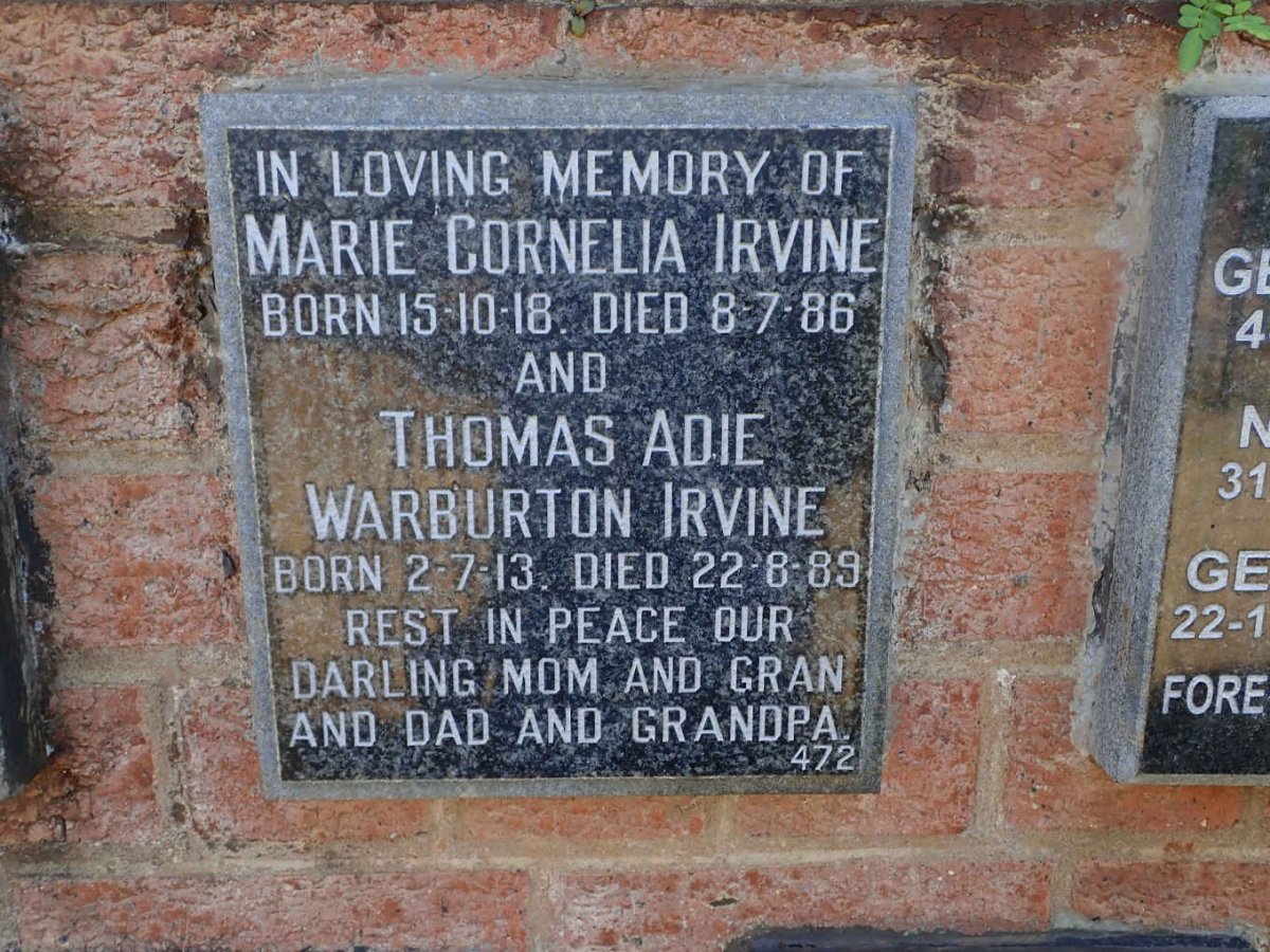 IRVINE Thomas Adie Warburton 1913-1989 &amp; Marie Cornelia 1918-1986