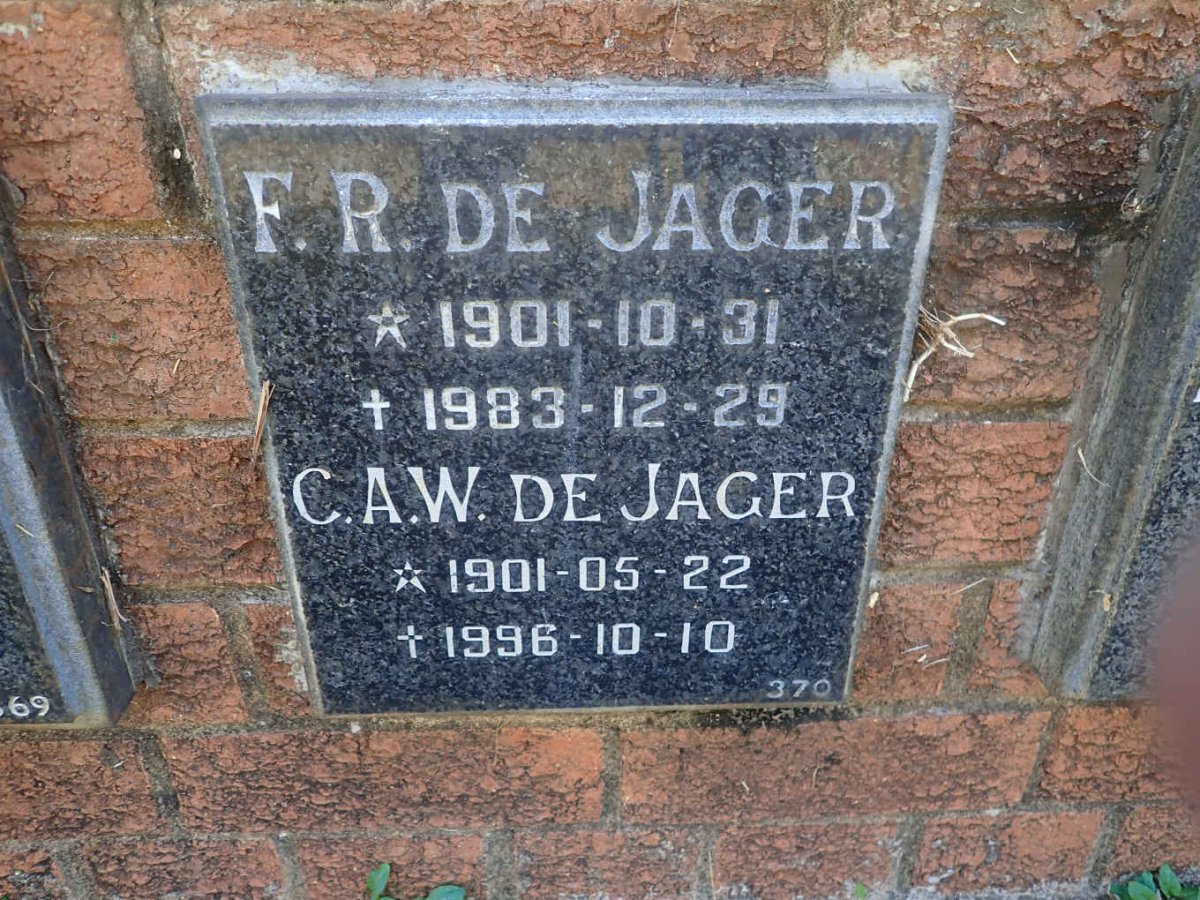 JAGER F.R., de 1901-1983 &amp; C.A.W. 1901-1996