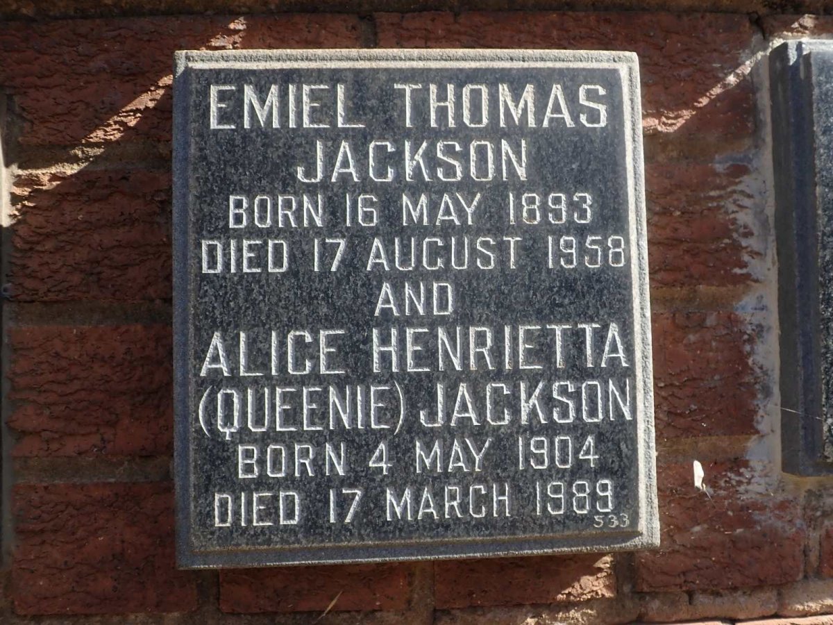 JACKSON Emiel Thomas 1893-1958 &amp; Alice Henrietta 1904-1989