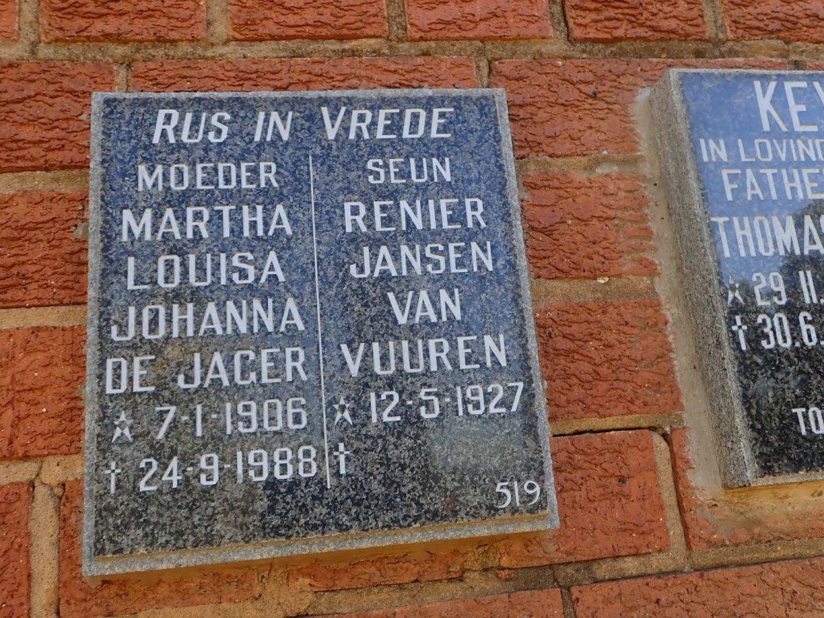 JAGER Martha Louisa Johanna, de 1906-1988 :: VUUREN Renier, Jansen van 1927-