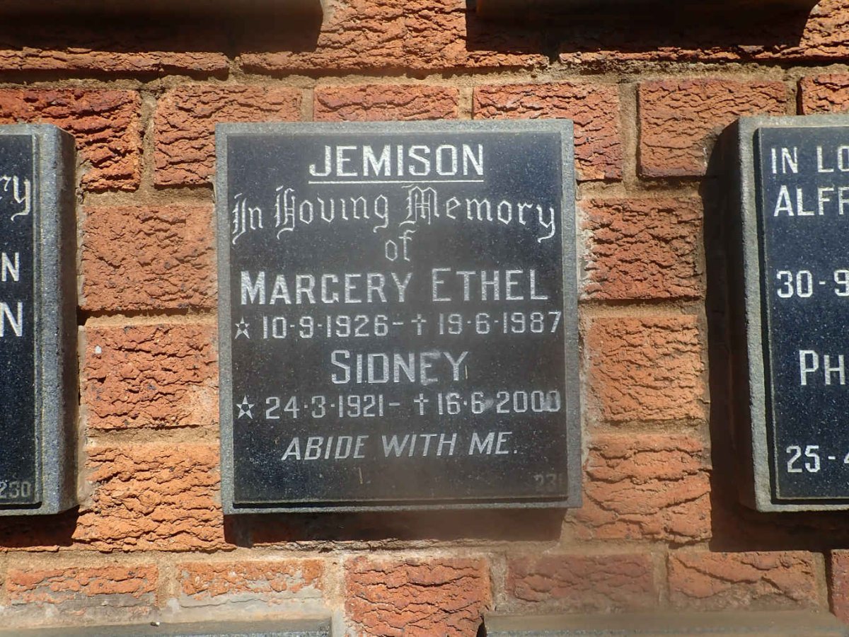 JEMISON Sidney 1921-2000 &amp; Margery Ethel 1926-1987