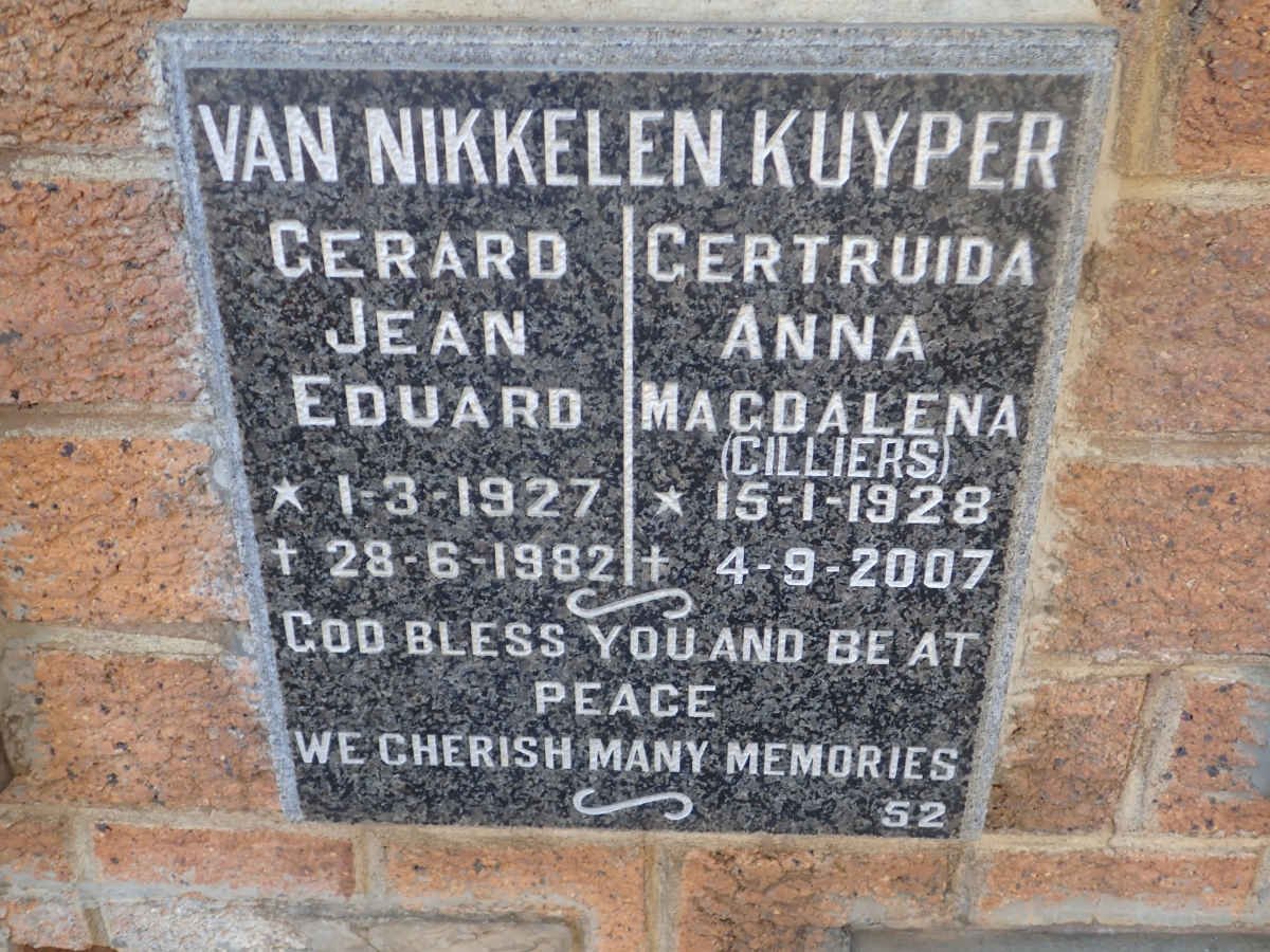 KUYPER Gerard Jean Eduard, VAN NIKKELEN 1927-1982 &amp; Gertruida Anna Magdalena CILLIERS 1928-2007