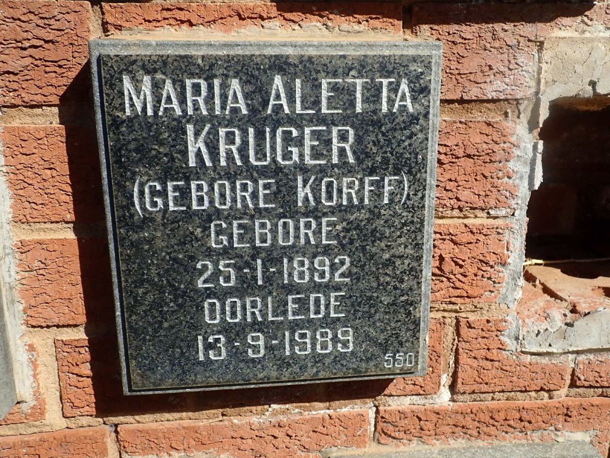 KRUGER Maria Aletta nee KORFF 1892-1989