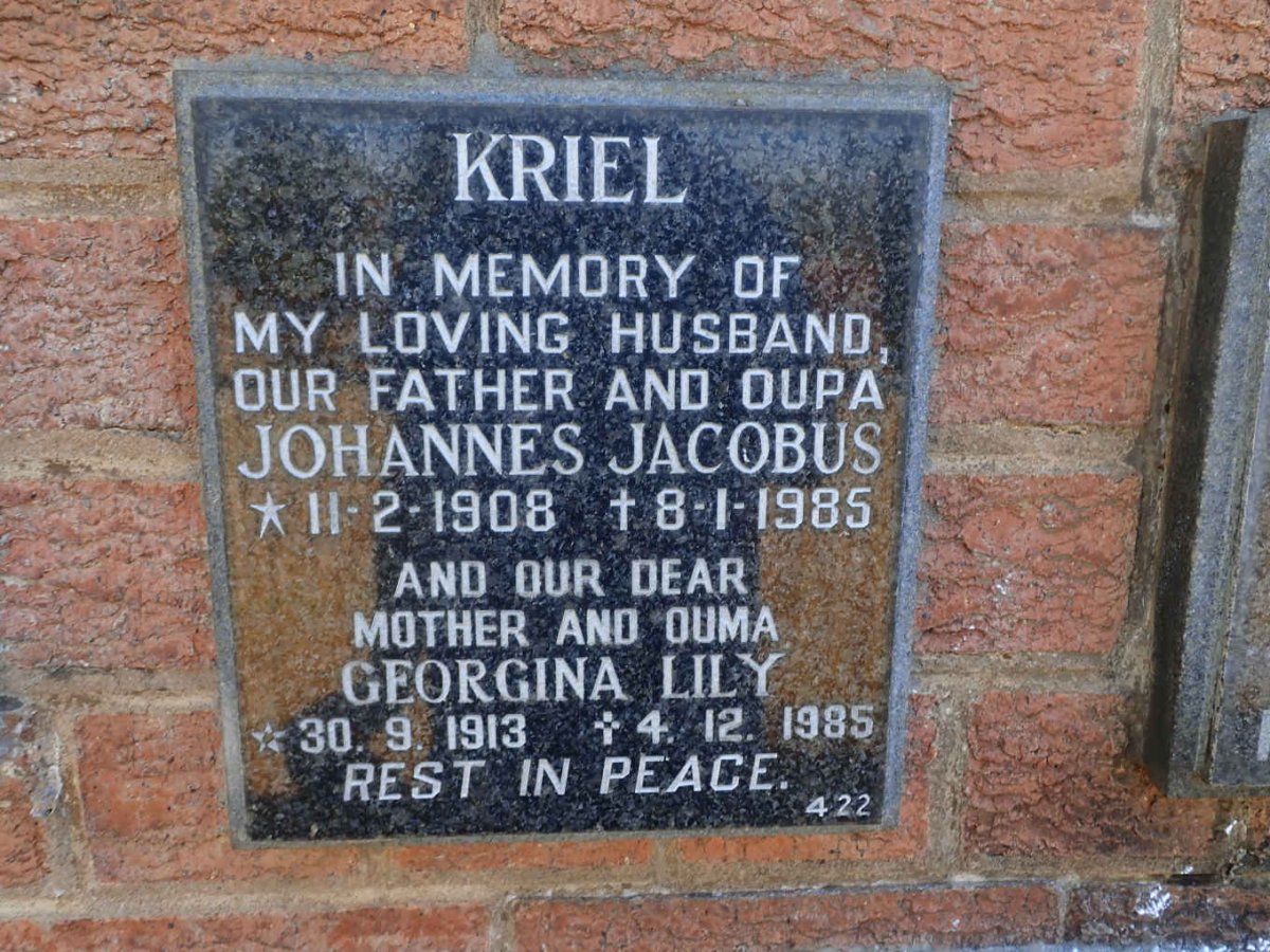 KRIEL Johannes Jacobus 1908-1985 &amp; Georgina Lily 1913-1985