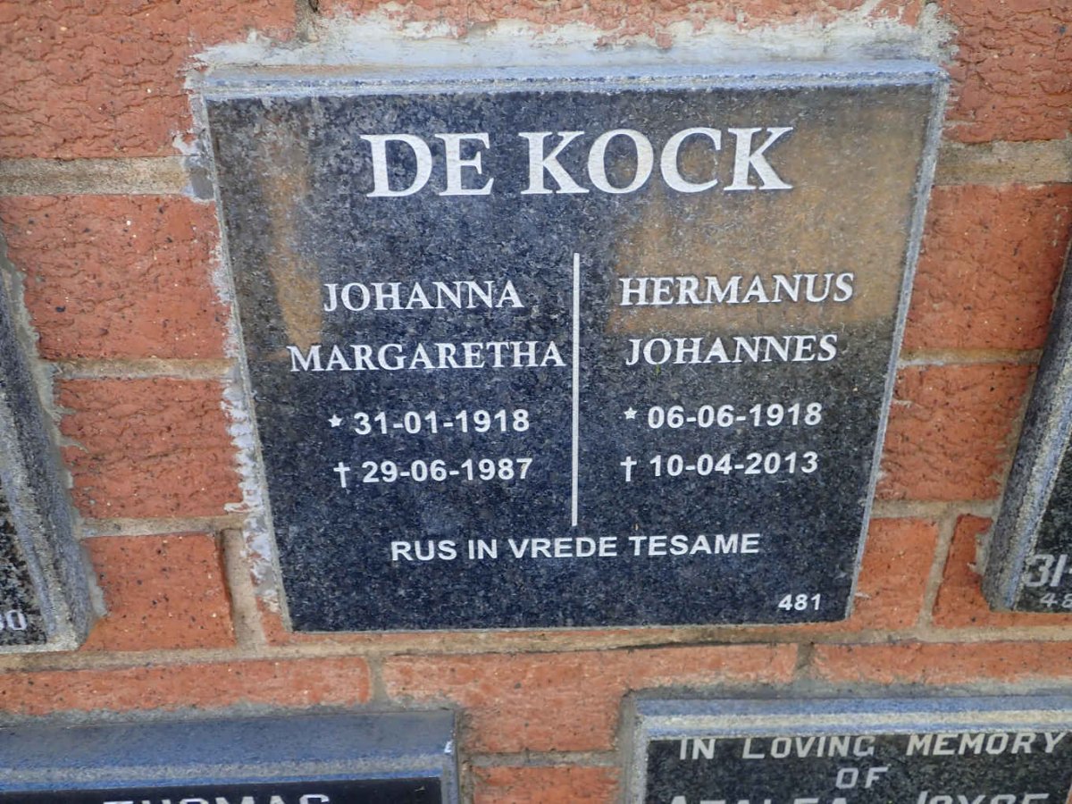 KOCK Hermanus Johannes, de 1918-2013 &amp; Johanna Margaretha 1918-1987
