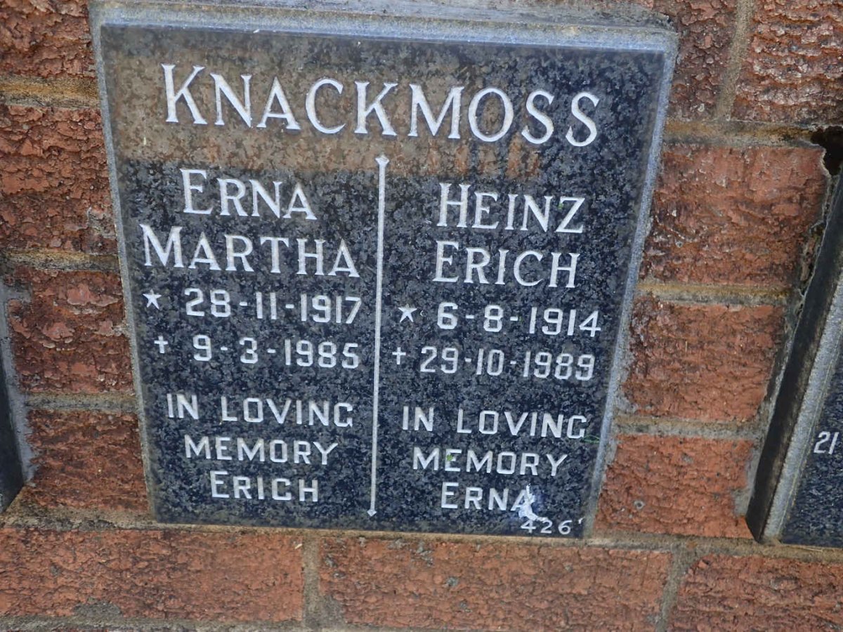 KNACKMOSS Heinz Erich 1914-1989 &amp; Erna Martha 1917-1985