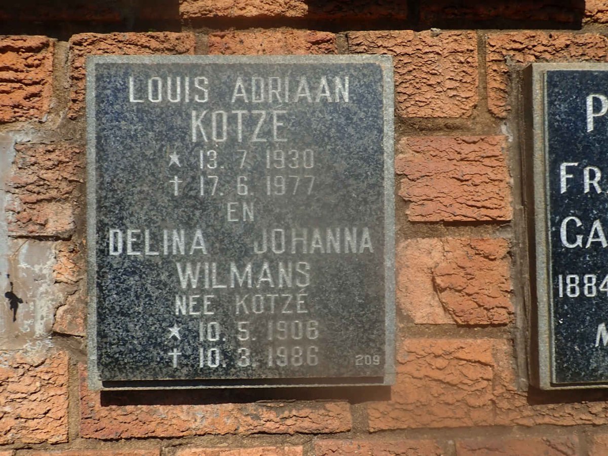 KOTZE Louis Adriaan 1930-1977 :: WILMANS Delina Johanna nee KOTZE 1906-1986