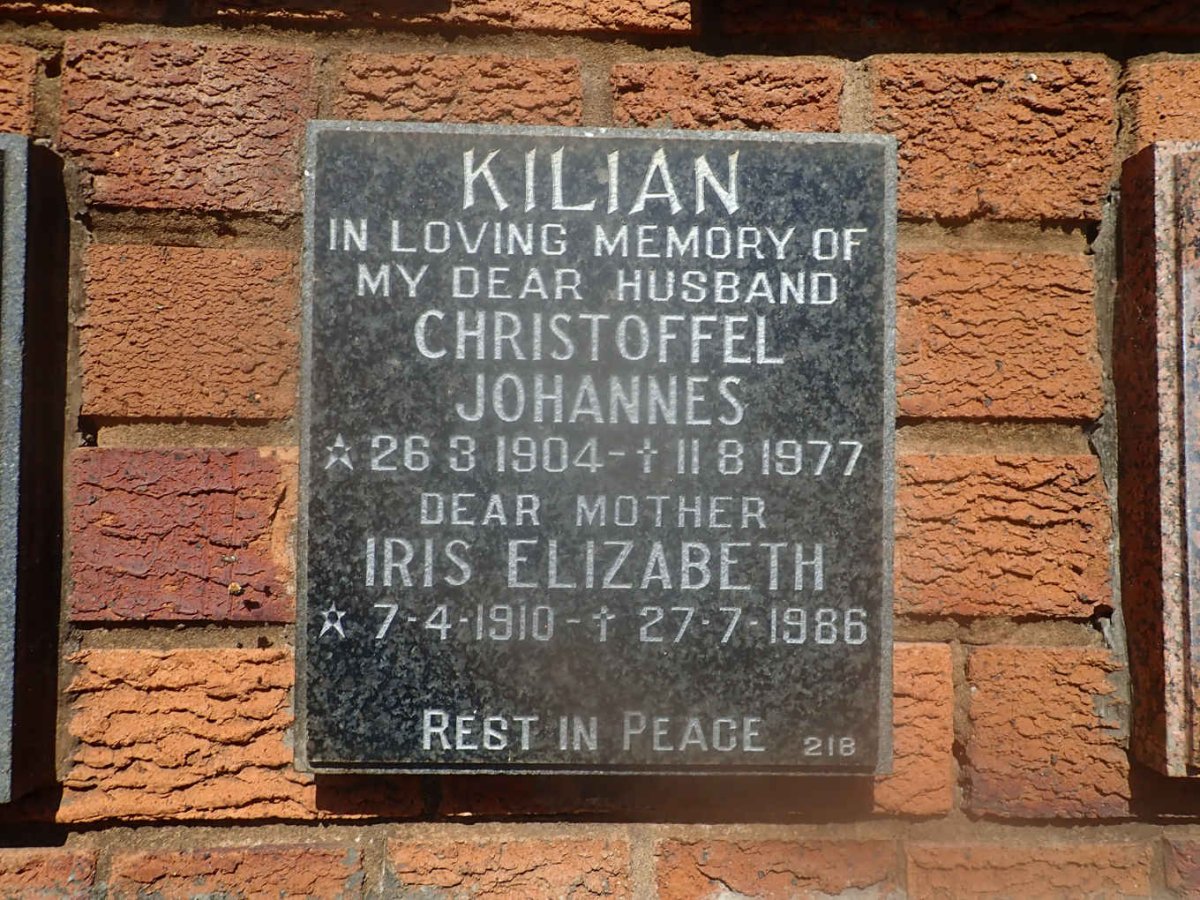 KILIAN Christoffel Johannes 1904-1977 &amp; Iris Elizabeth 1910-1986