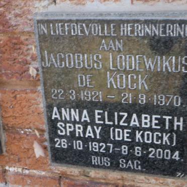 KOCK Jacobus Lodewikus, de 1921-1970 :: SPRAY Anna Elizabeth nee DE KOCK 1927-2004