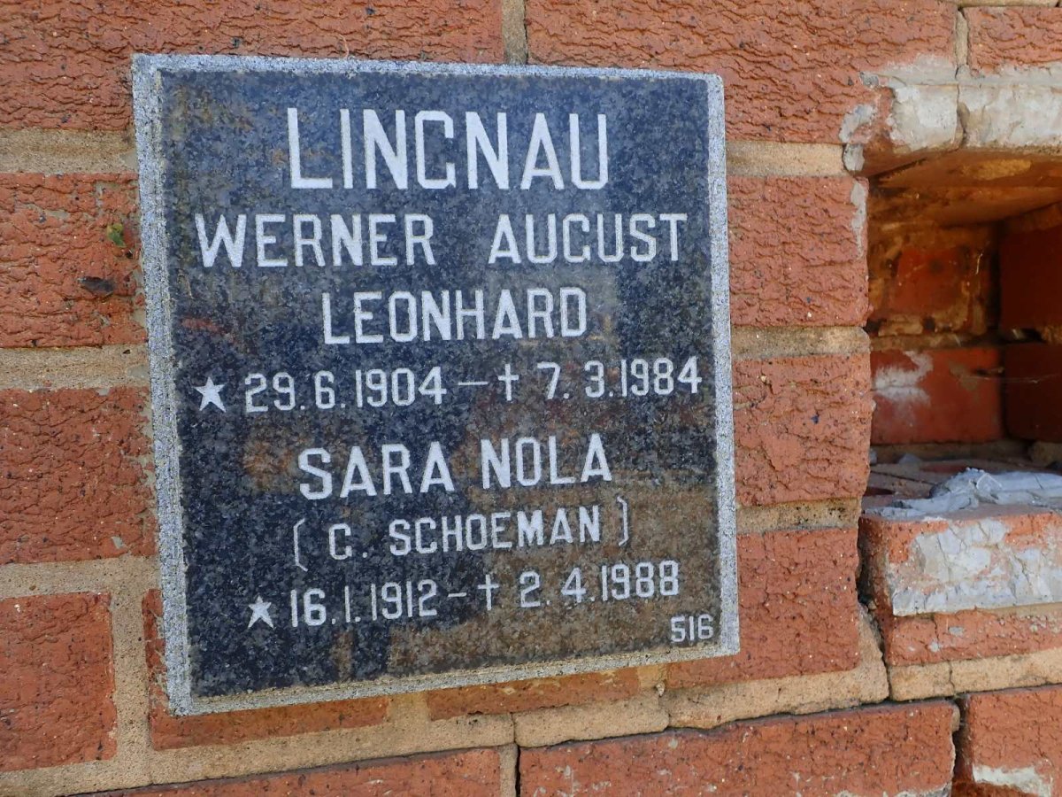 LINGNAU Werner August Leonhard 1904-1984 &amp; Sara Nola SCHOEMAN 1912-1988