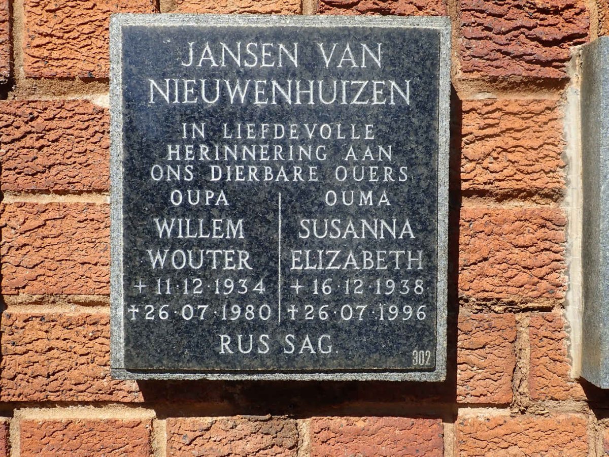NIEUWENHUIZEN Willem Wouter, Jansen van 1934-1980 &amp; Susanna Elizabeth 1938-1996