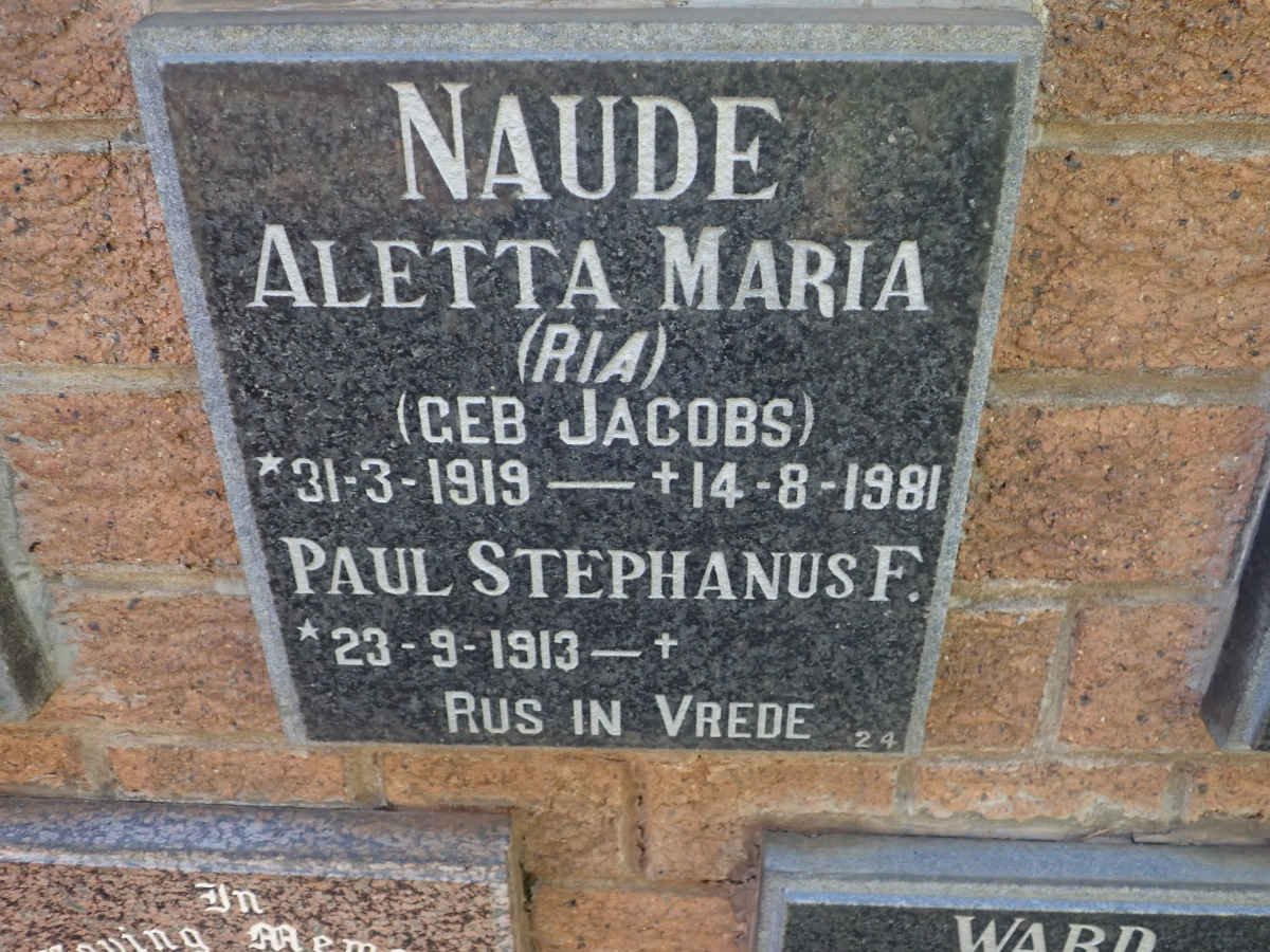 NAUDE Paul Stephanus F. 1913- &amp; Aletta Maria JACOBS 1919-1981