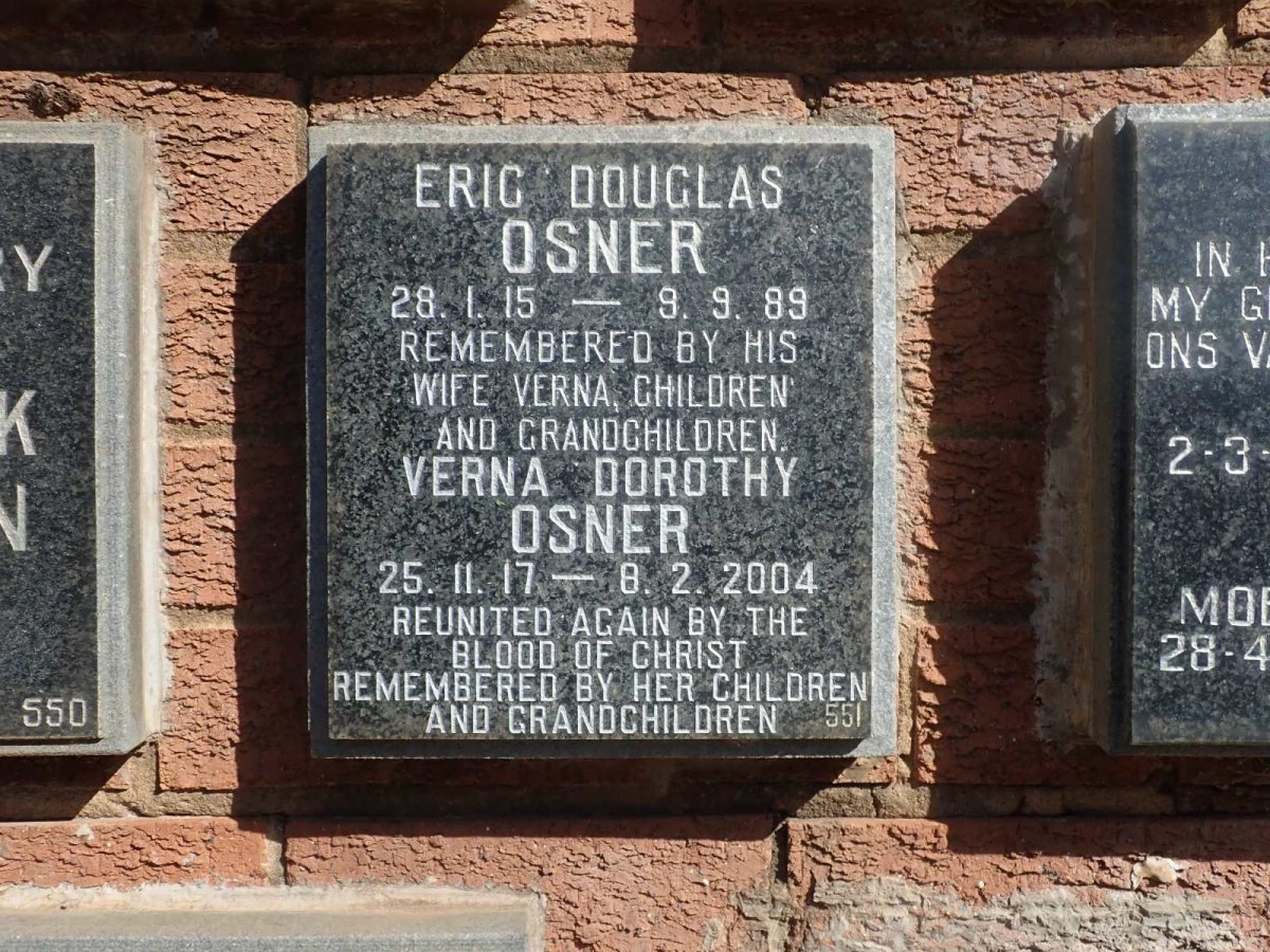 OSNER Eric Douglas 1915-1989 &amp; Verna Dorothy 1917-2004