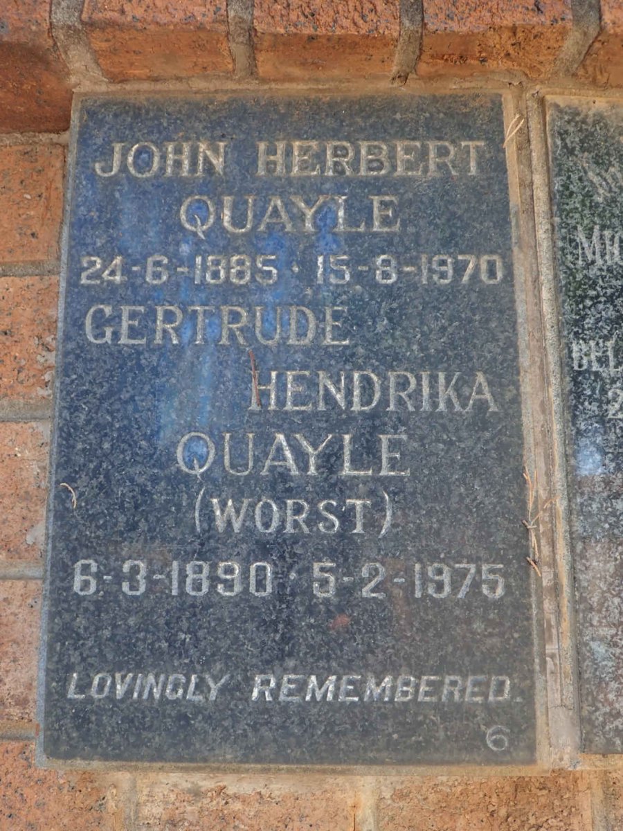 QUAYLE John Herbert 1885-1970 &amp; Gertrude Hendrika WORST 1890-1975