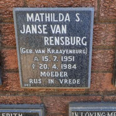 RENSBURG Mathilda S., Janse van nee VAN KRAAYENBURG 1951-1984