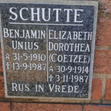 SCHUTTE Benjamin Unius 1910-1987 &amp; Elizabeth Dorothea COETZEE 1914-1987