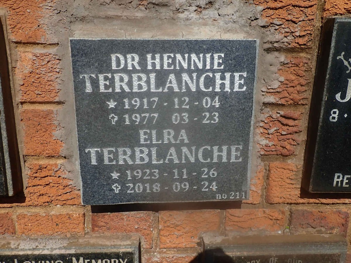 TERBLANCHE Hennie 1917-1977 &amp; Elra 1923-2018