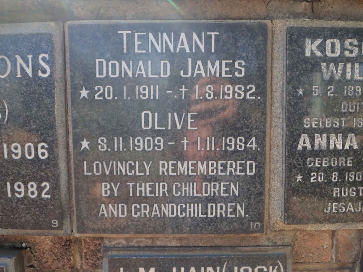 TENNANT Donald James 1911-1982 &amp; Olive 1909-1984