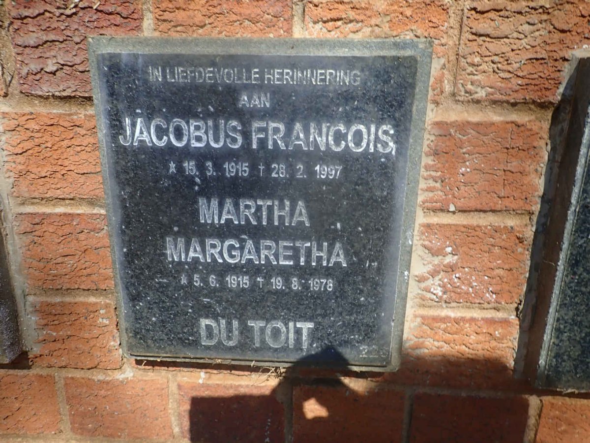 TOIT Jacobus Francois, du 1915-1997 &amp; Martha Margaretha 1915-1978