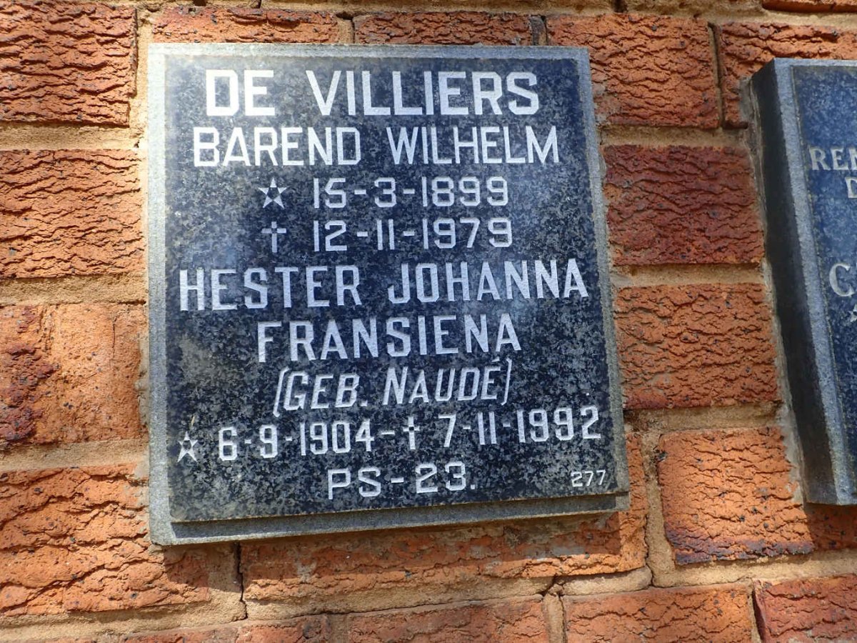 VILLIERS Barend Wilhelm, de 1899-1979 &amp; Hester Johanna Fransiena NAUDE 1904-1992