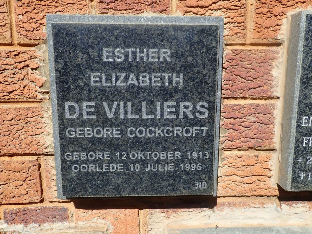 VILLIERS Esther Elizabeth, de nee COCKCROFT 1913-1996