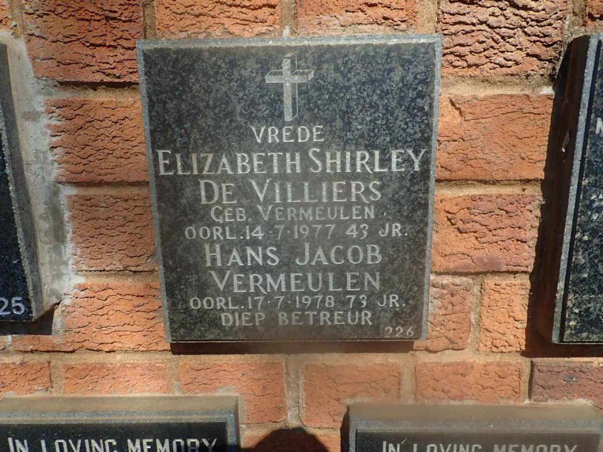 VERMEULEN Hans Jacob -1978 :: DE VILLIERS Elizabeth Shirley nee VERMEULEN -1977