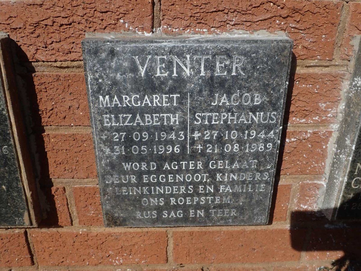 VENTER Jacob Stephanus 1944-1989 &amp; Margaret Elizabeth 1943-1996