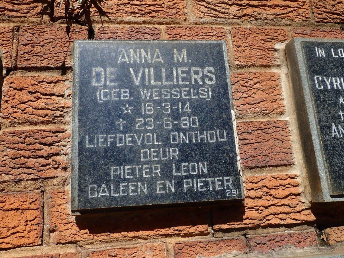 VILLIERS Anna M., de, nee WESSELS 1914-1980