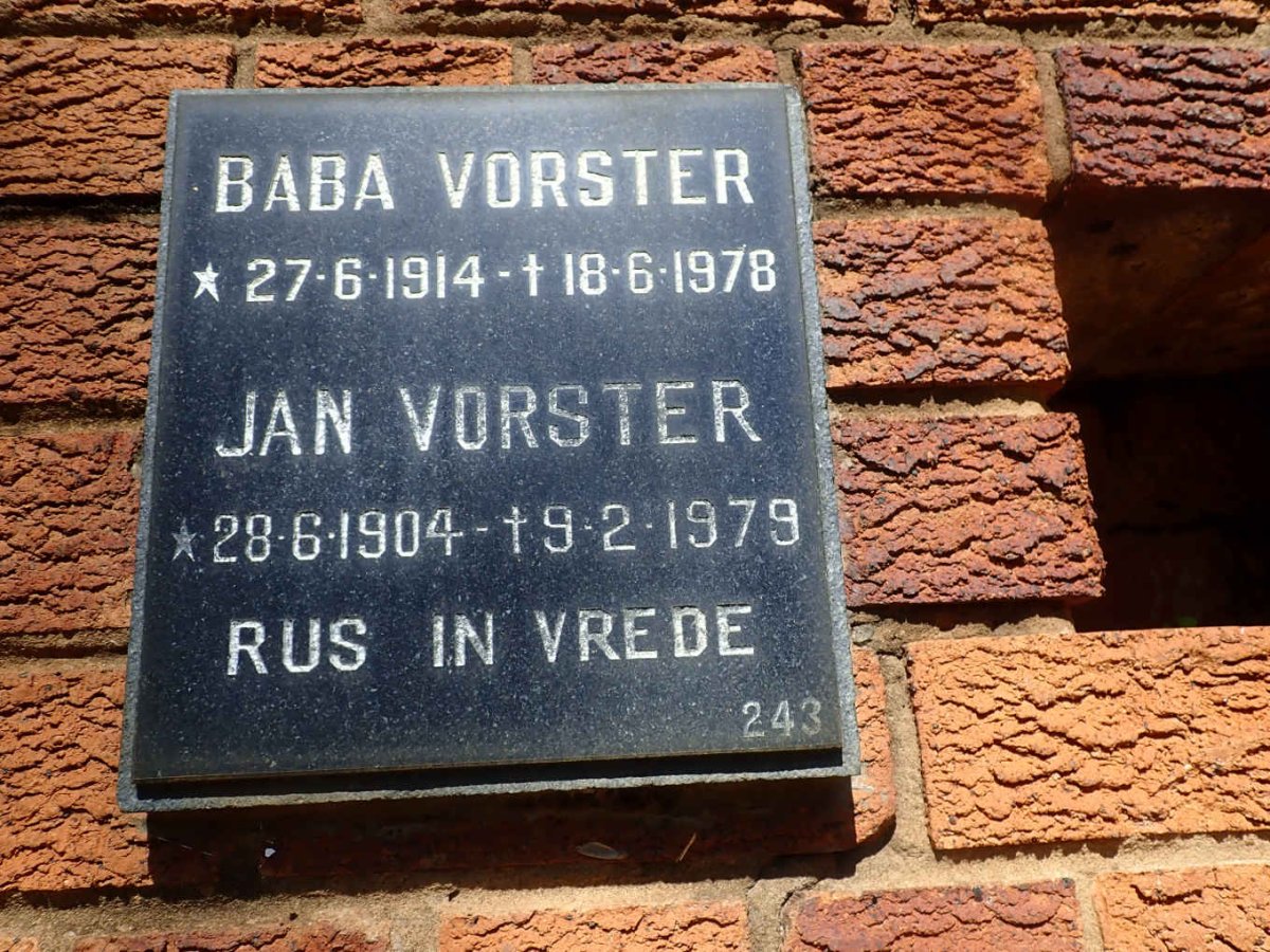 VORSTER Jan 1904-1979 &amp; Baba 1914-1978