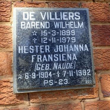 VILLIERS Barend Wilhelm, de 1899-1979 &amp; Hester Johanna Fransiena NAUDE 1904-1992
