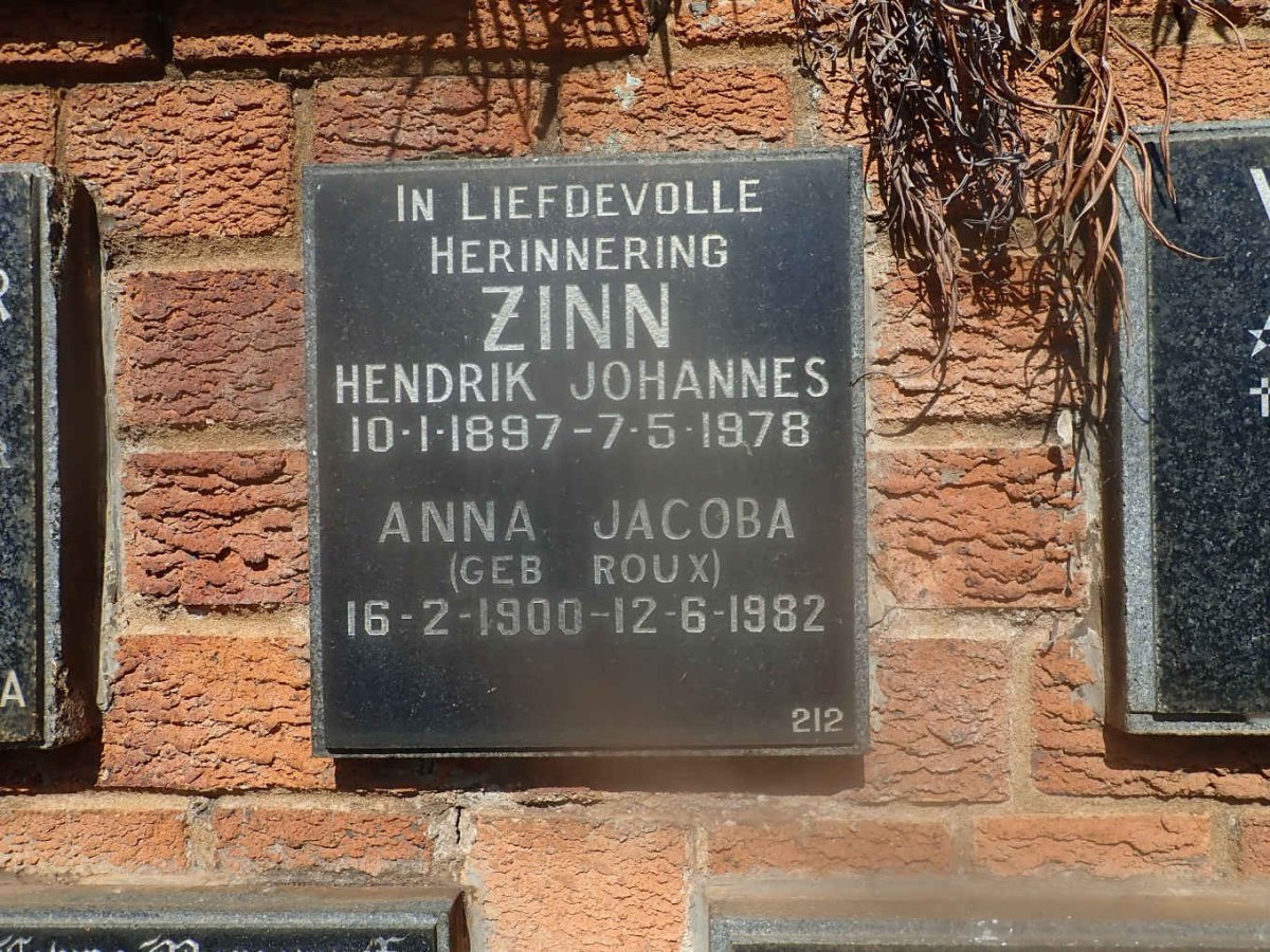 ZINN Hendrik Johannes 1897-1978 &amp; Anna Jacoba ROUX 1900-1982