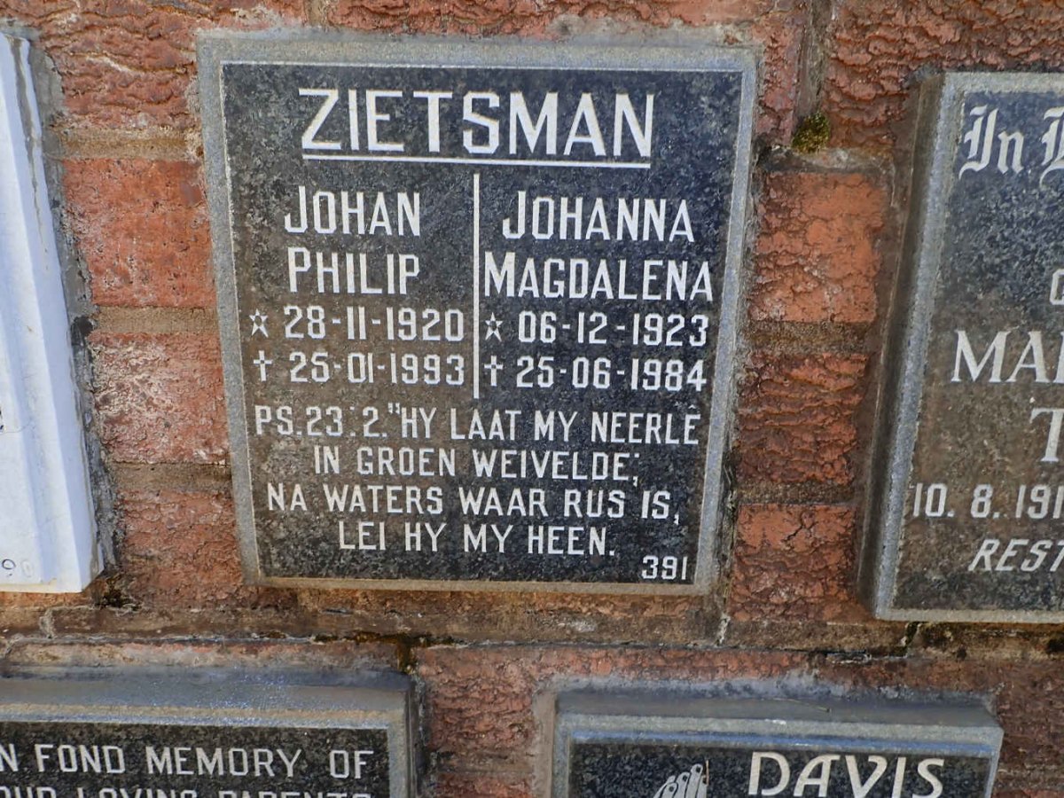 ZIETSMAN Johan Philip 1920-1993 &amp; Johanna Magdalena 1923-1984