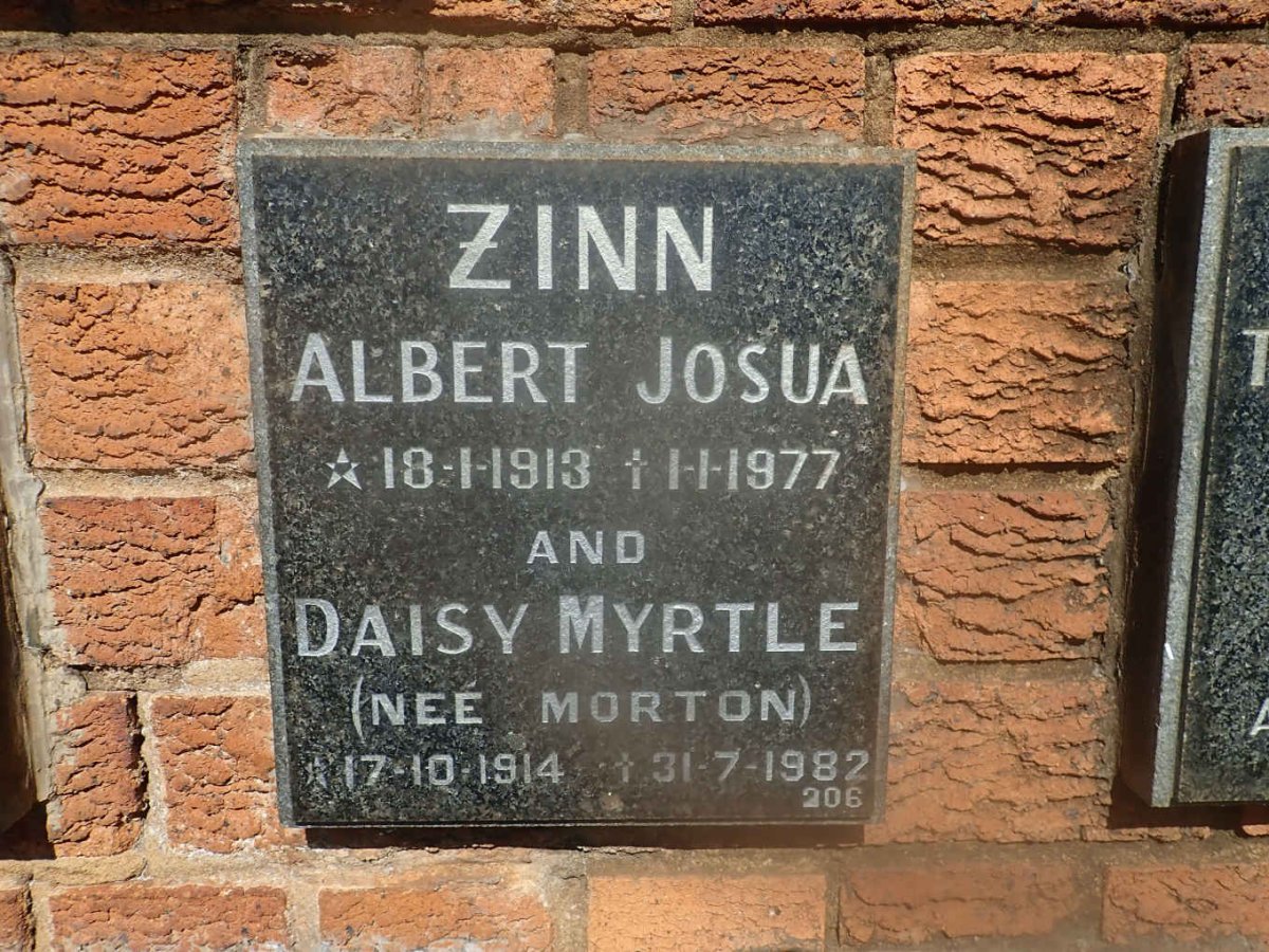 ZINN Albert Josua 1913-1977 &amp; Daisy Myrtle MORTON 1914-1982