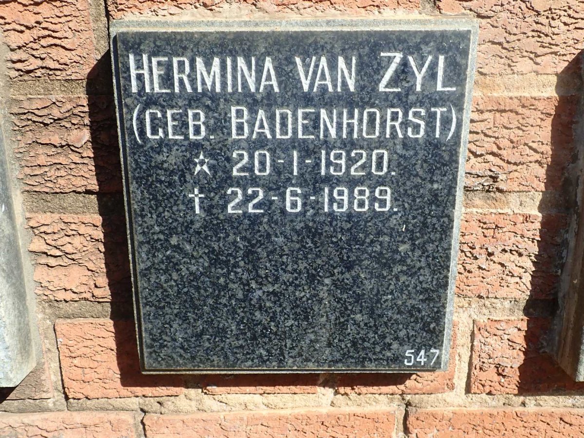 ZYL Hermina, van nee BADENHORST 1920-1989