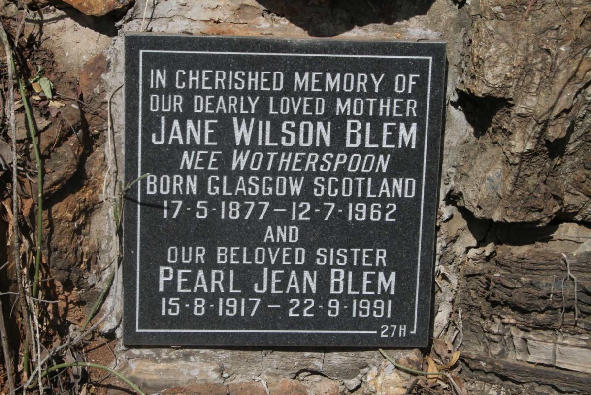 BLEM Jane Wilson nee WOTHERSPOON 1877-1962 :: BLEM Pearl Jean 1917-1991