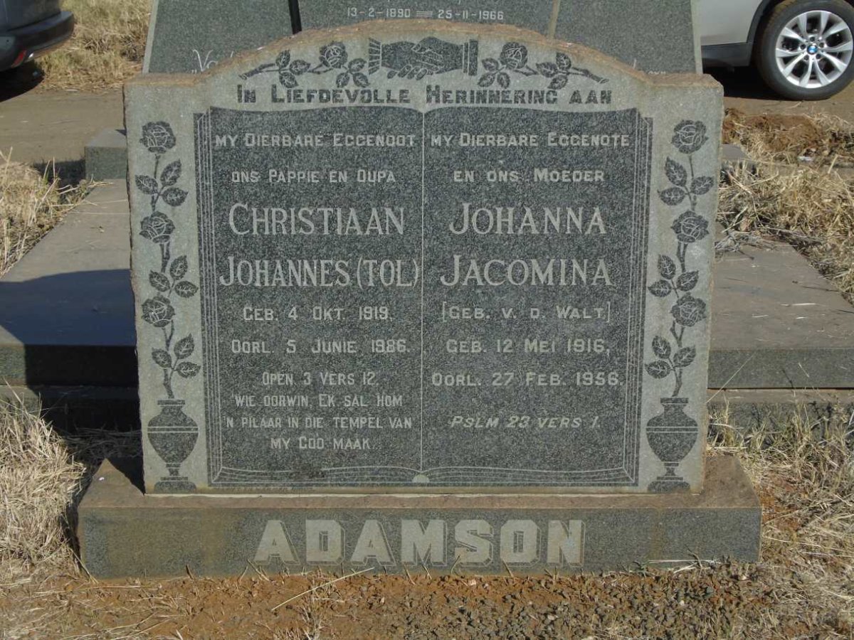 ADAMSON Christiaan Johannes 1919-1986 & Johanna Jacomina V.D. WALT 1916-1956