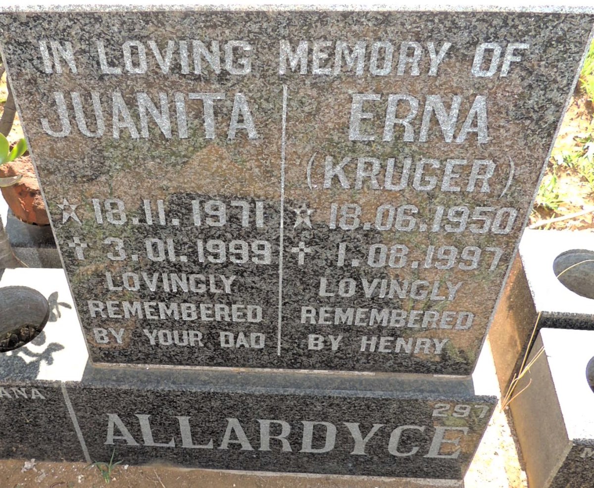 ALLARDYCE Juanita 1971-1999 :: ALLARDYCE Erna nee KRUGER 1950-1997